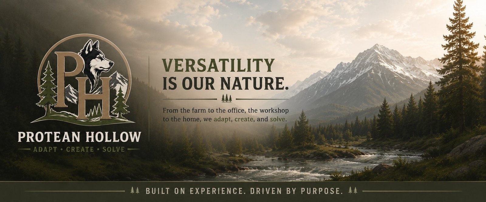 Protean Hollow. Versatility is our nature. From the farm to the office, the workshop to the home, we adapt, create, and solve.