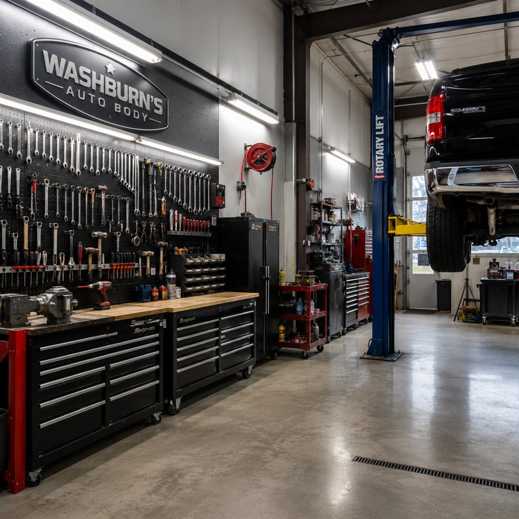 Organized tool wall and bay interior at Torvald Auto Service
