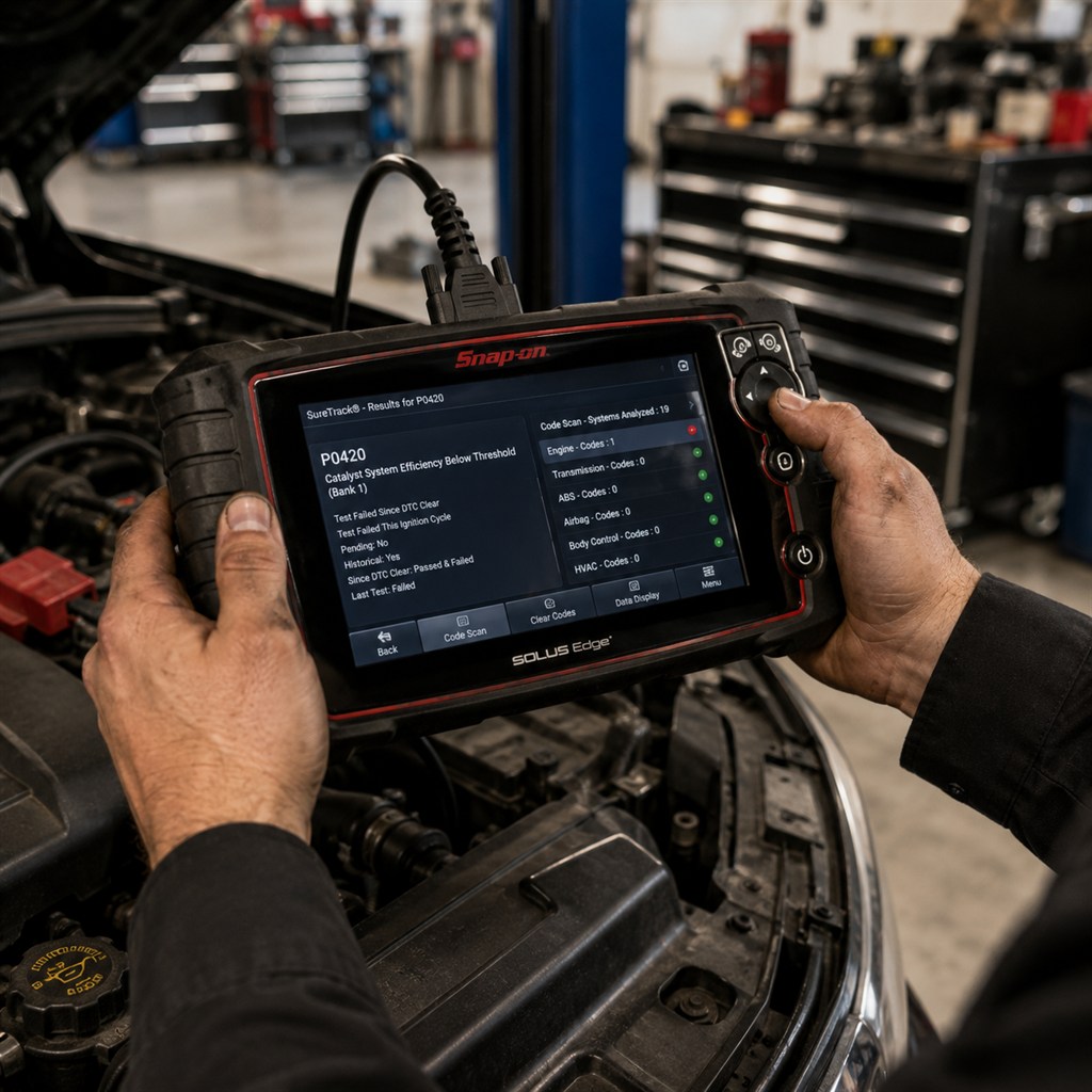 Technician working with a diagnostic scan tool on a vehicle