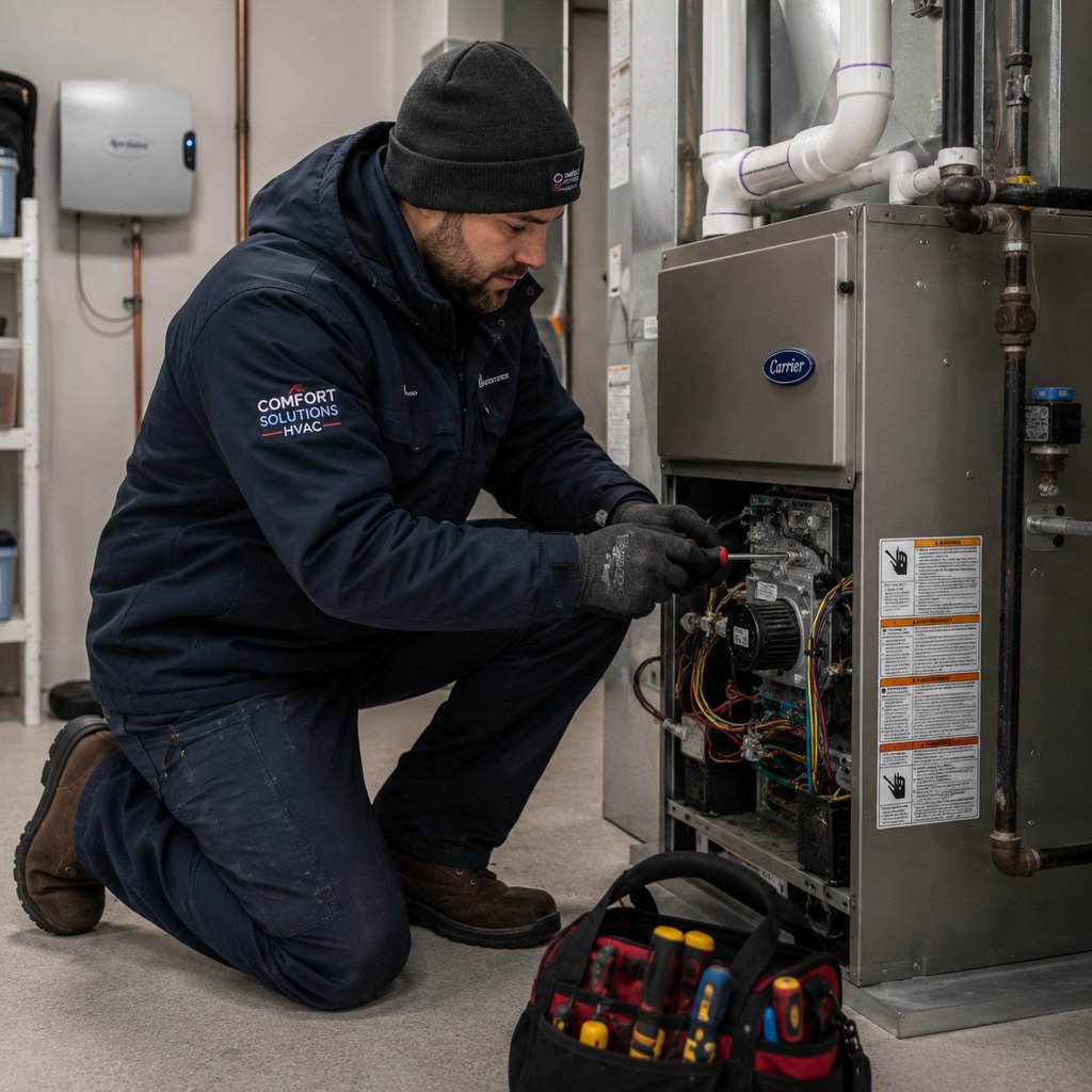 Comfort Solutions technician servicing a furnace in a clean utility room