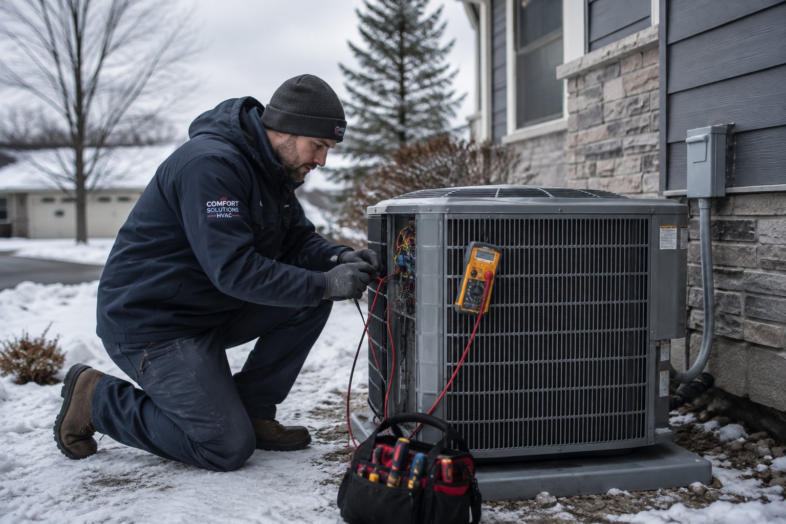 Comfort Solutions technician servicing an outdoor condensing unit on an overcast winter day