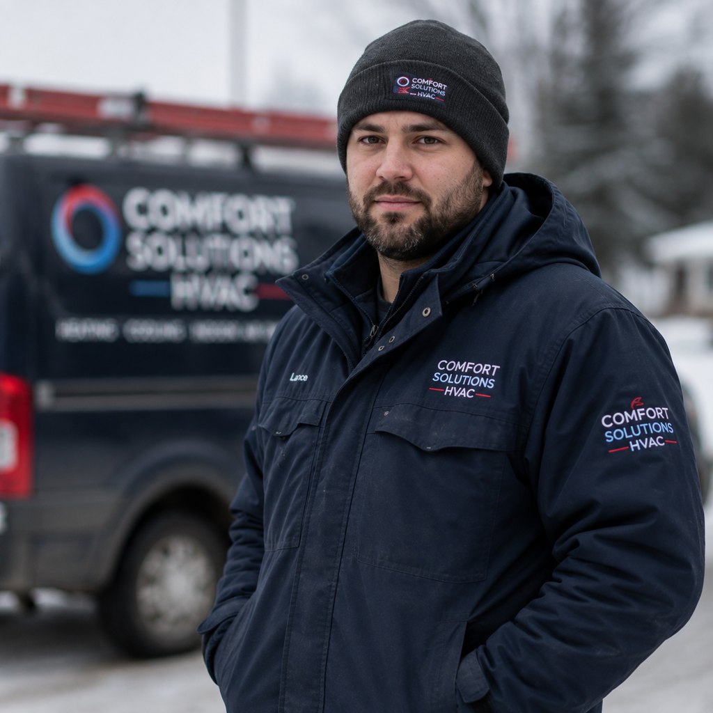 Comfort Solutions technician standing in front of a service van