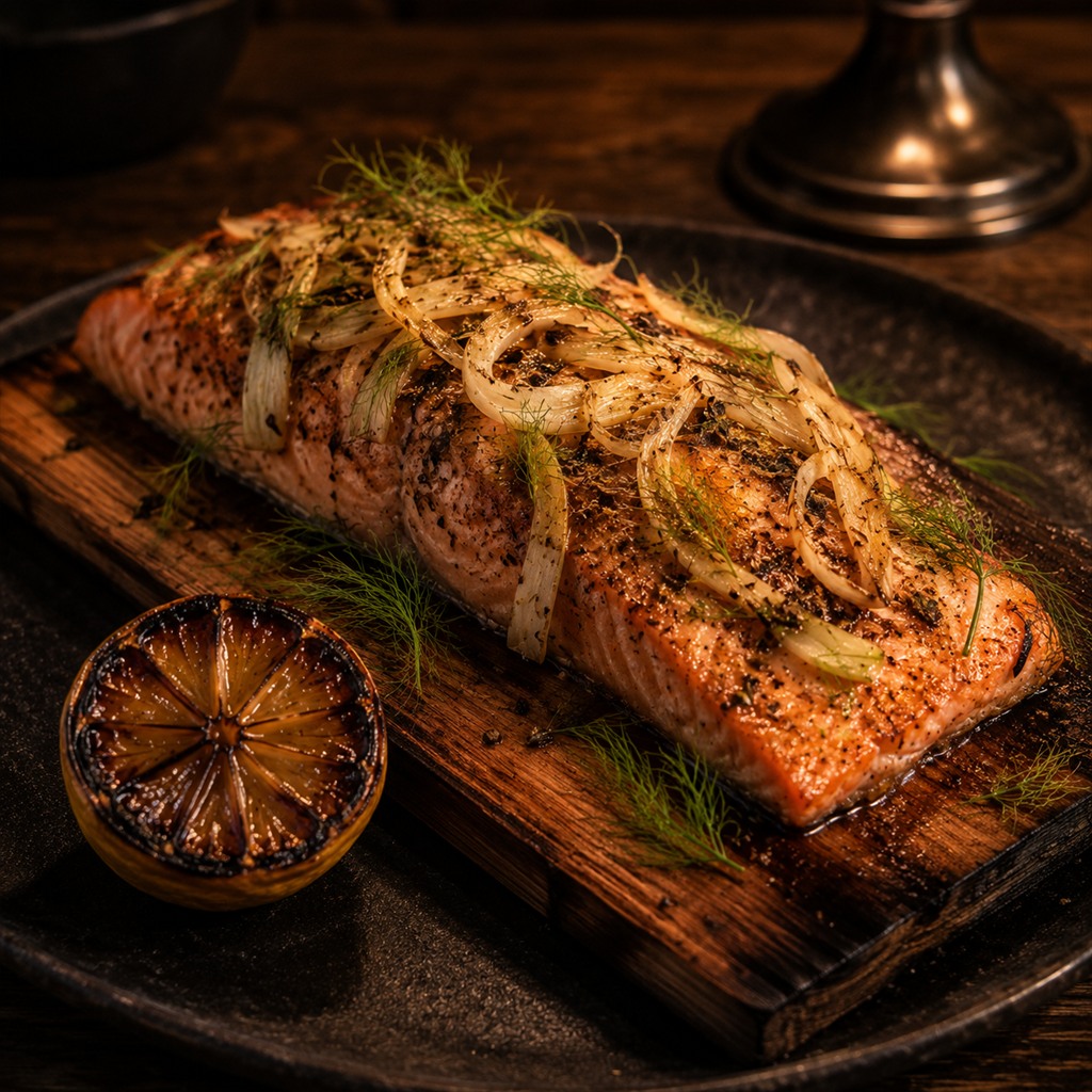 A side of cedar planked steelhead under shaved fennel, with a charred lemon half alongside.