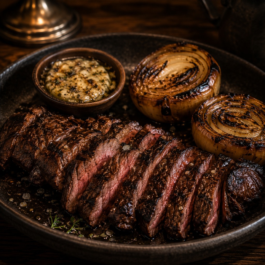 Sliced grilled bavette in a stoneware dish with blackened onion halves and a pot of herbed marrow butter.