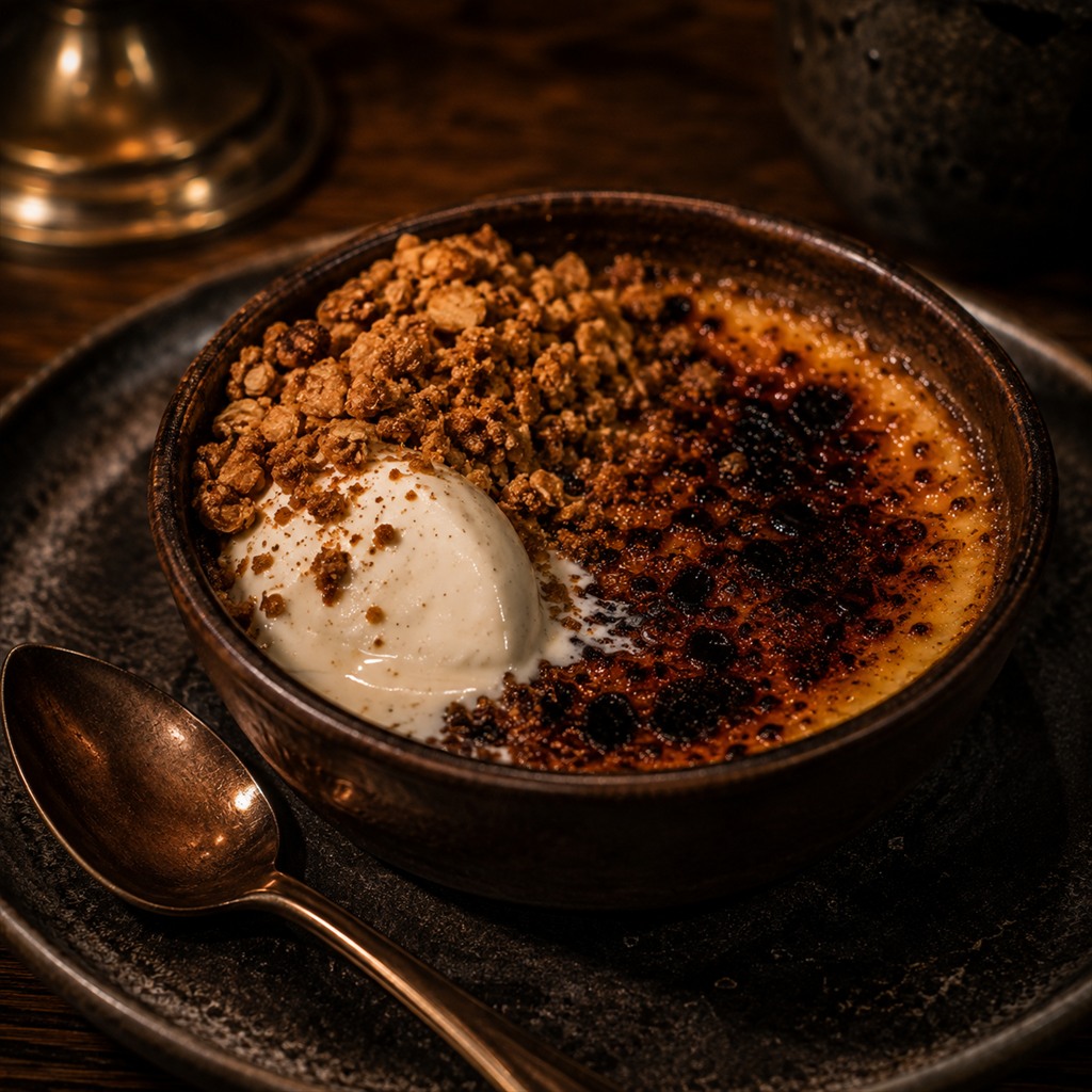 Burnt honey custard in a stoneware bowl, half covered in oat crumble, with a spoonful of cold cream.