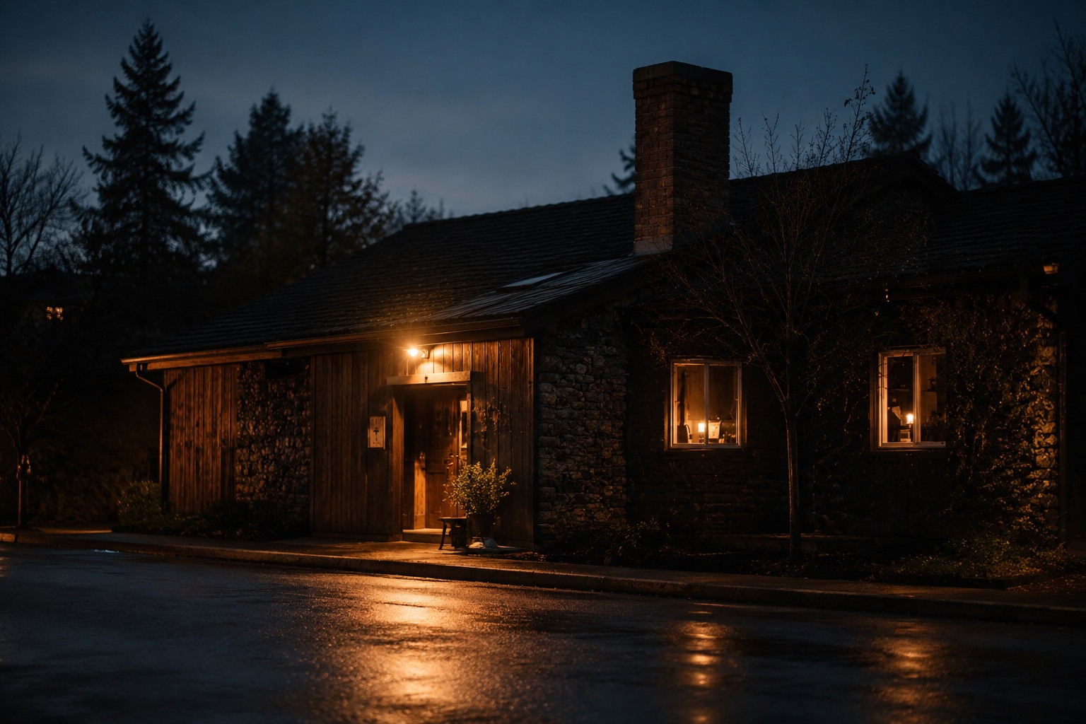 The timber and stone front of the restaurant at dusk, one lit doorway and two warm windows, the chimney above, seen from across a wet street.
