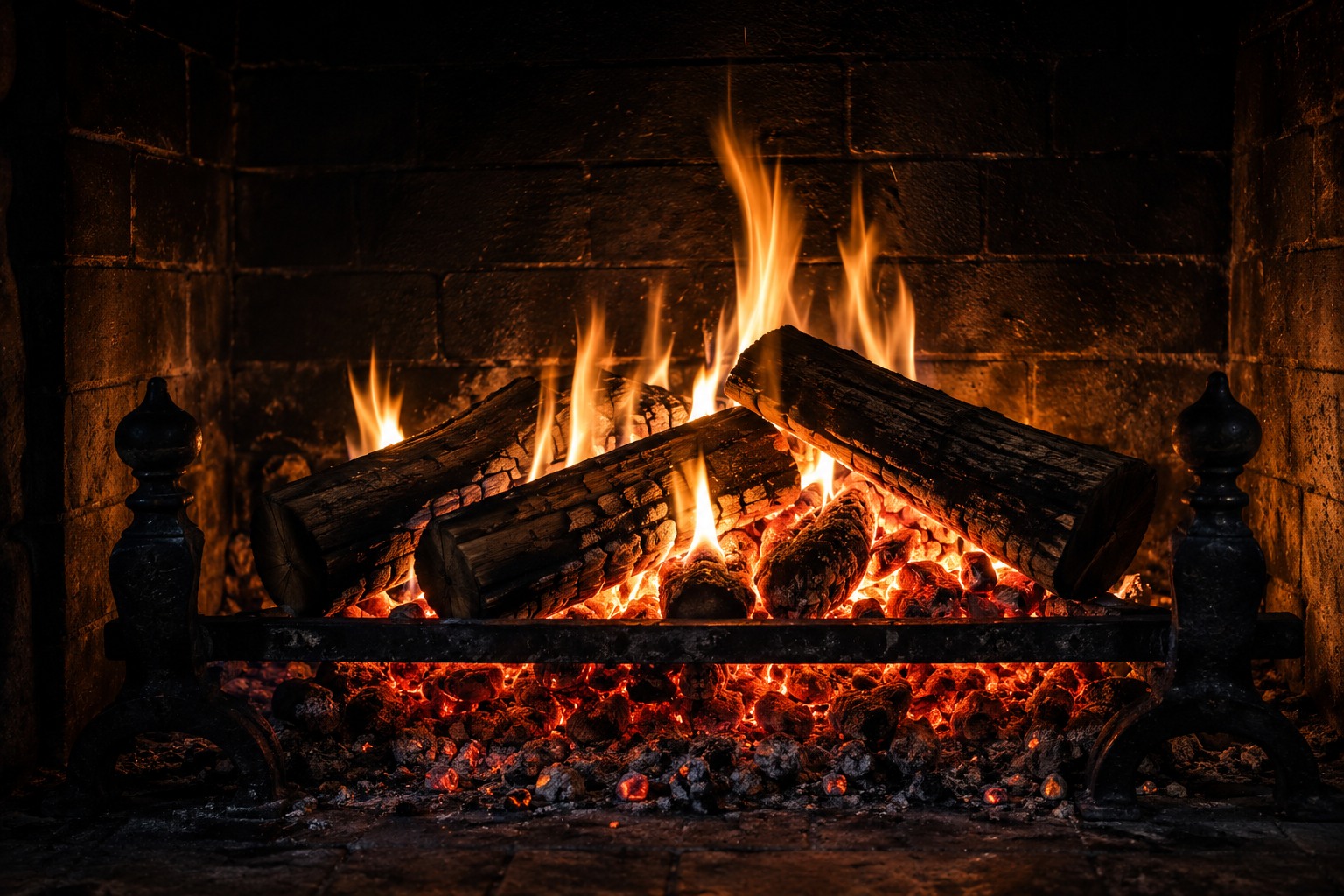 Close view of the open hearth, split logs burning down onto a bed of glowing coals between iron andirons.