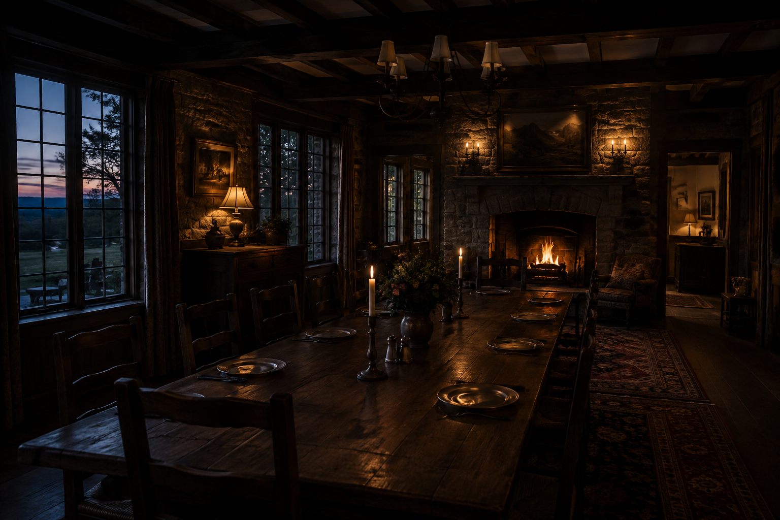 The dining room at dusk, lit by the glow of the wood-fired hearth.