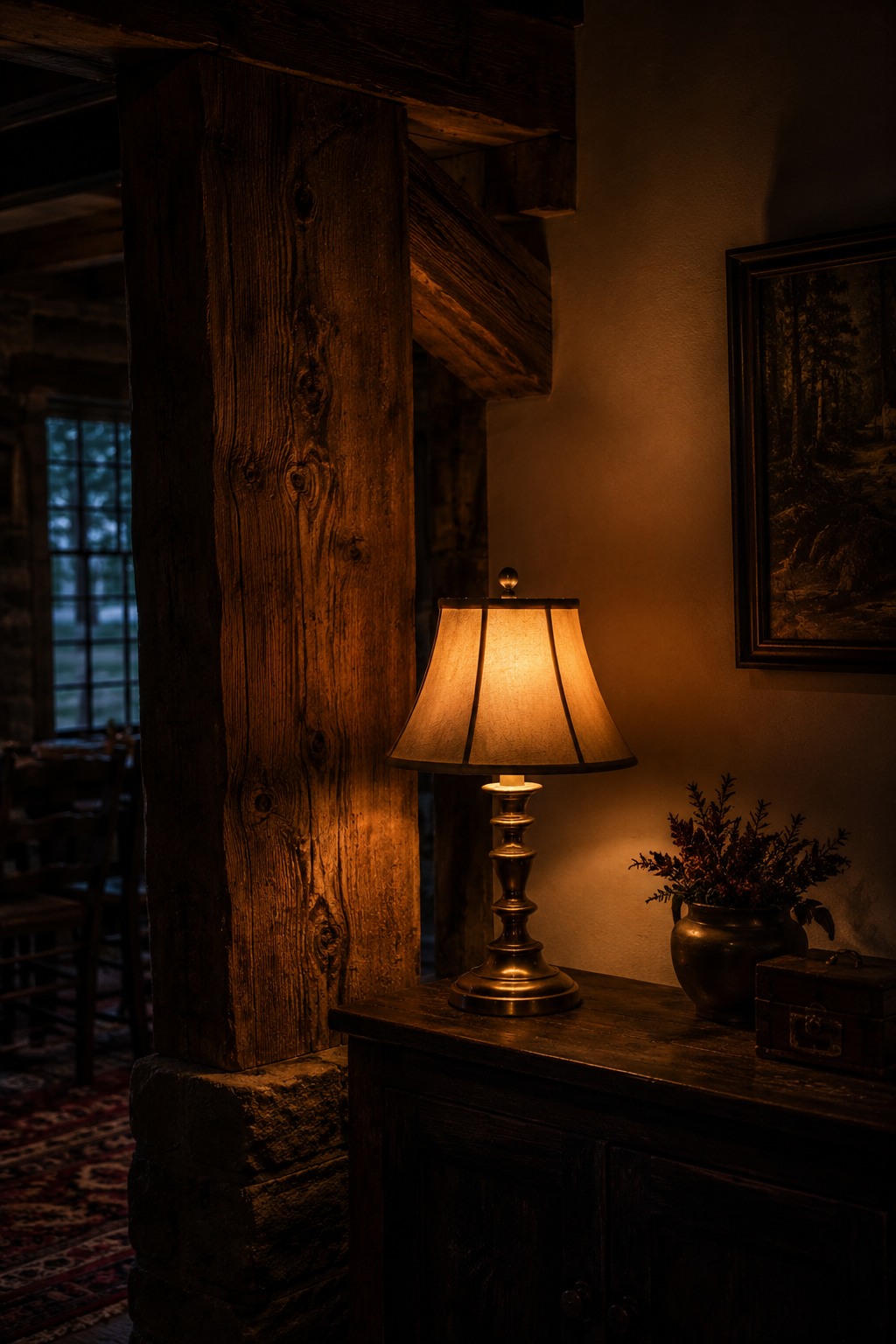 A weathered timber post beside a sideboard, lit by a single brass lamp, with the dining room dark beyond.