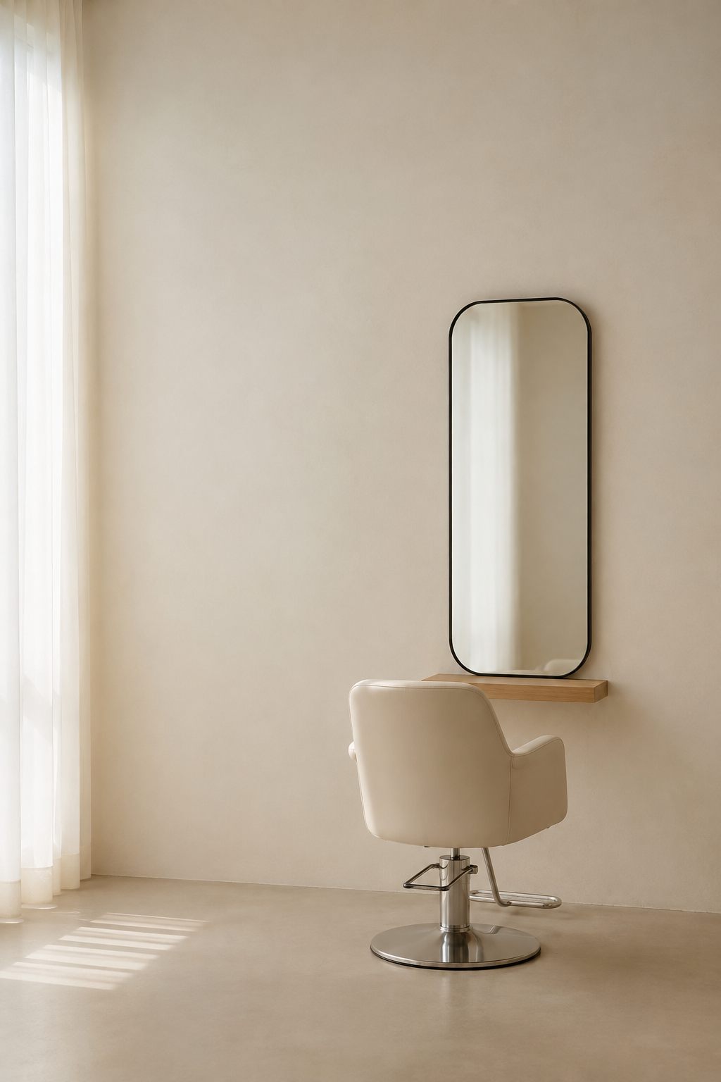 The salon interior, one chair and one mirror in soft window light